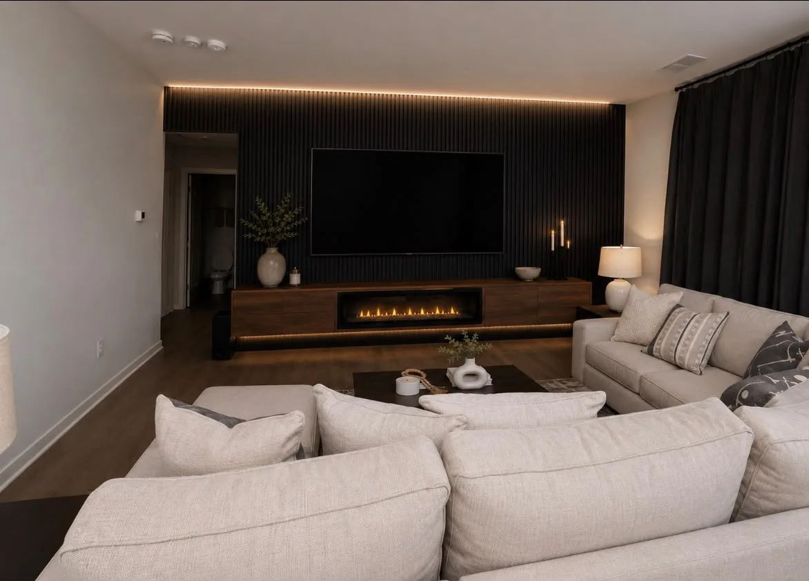 Completed modern media wall and living room feature